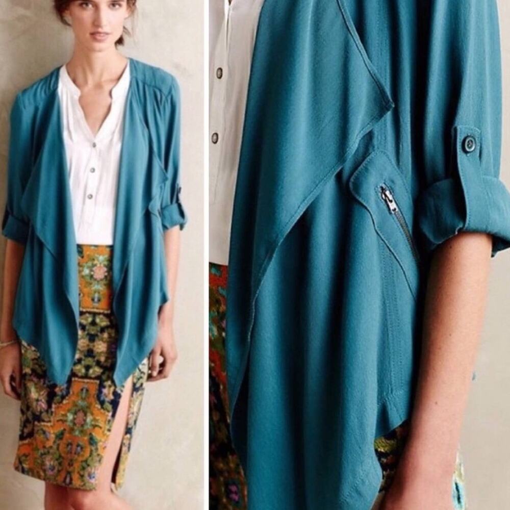 ANTHROPOLOGIE Elevenses Eldora Turquoise Teal  Draped Open Blazer Sweater S